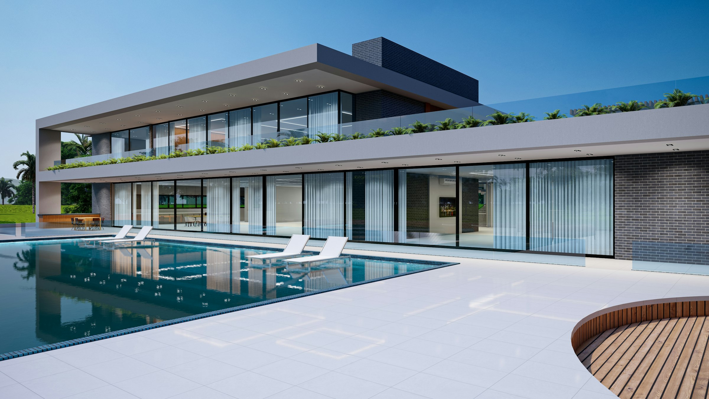 Vivienda de diseño con piscina al atardecer